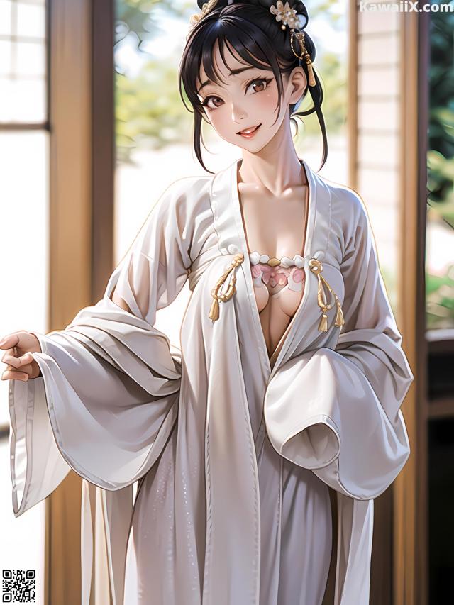 A woman in a white kimono standing in front of a window.